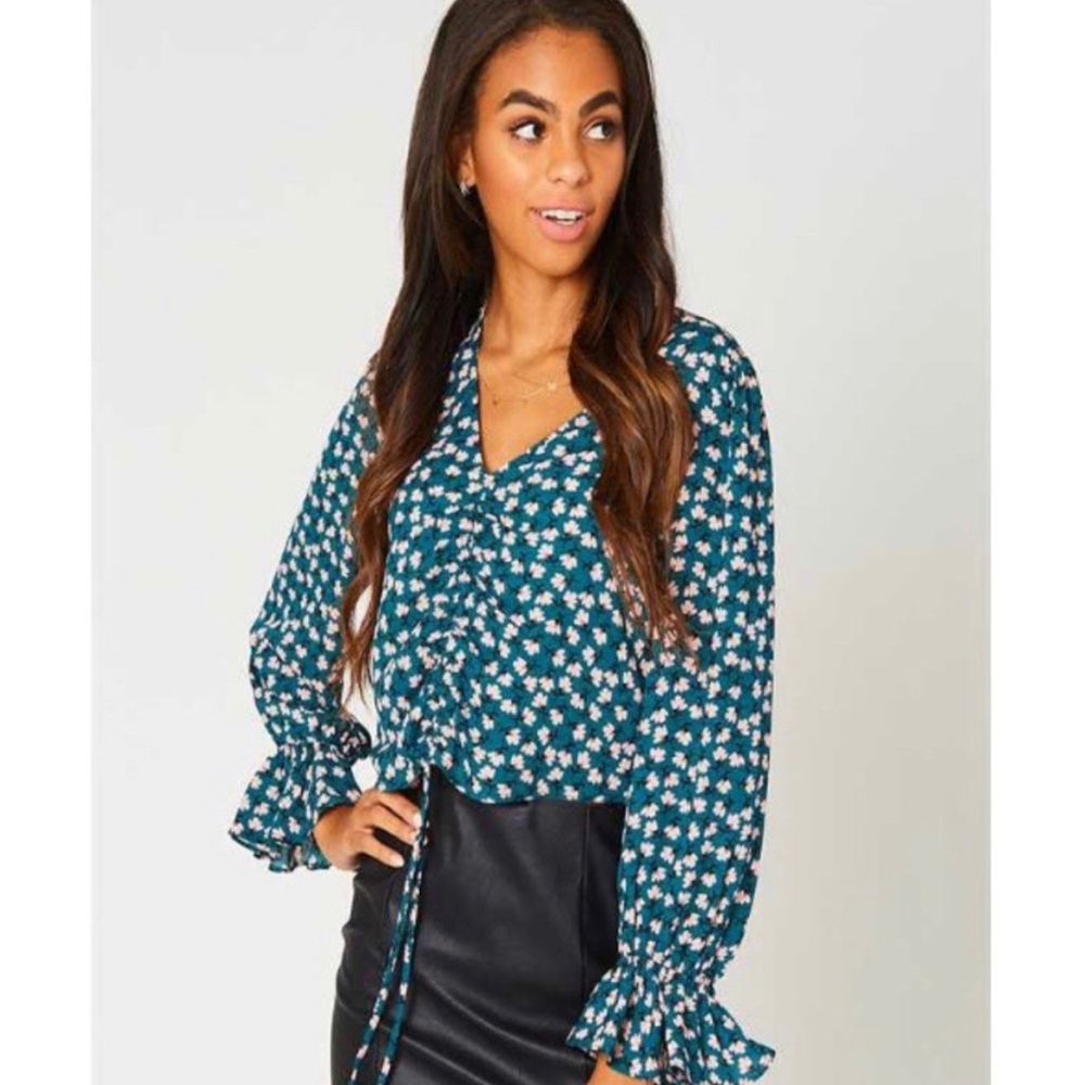 Altar'd State Ariana Floral Cinch Dark Teal With Pink Flowy Sleeve Top Small